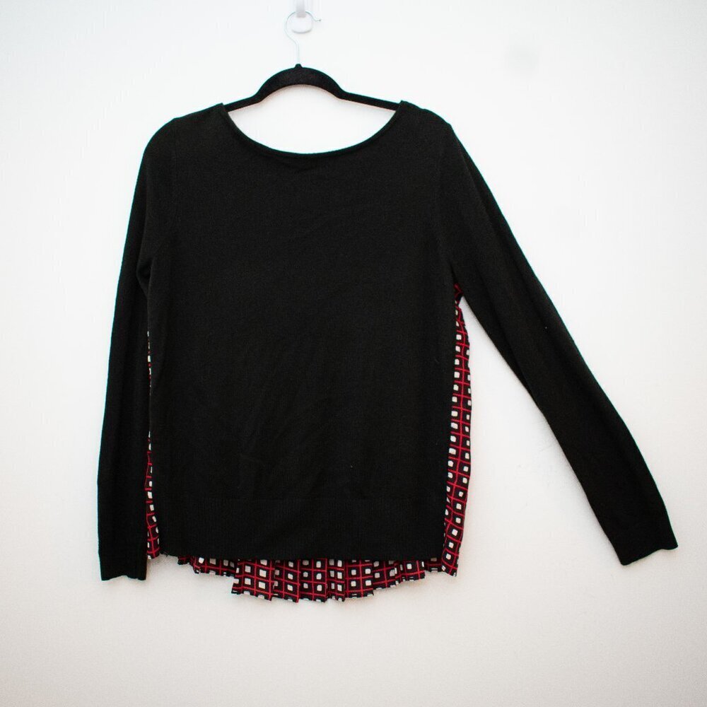 Loft Women's Size Medium Boat Neck Back Printed Geo Pleated Sweatshirt Black Red